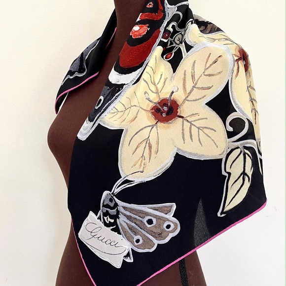 New Gucci Scarf Logo Kris Knight Butterfly Flora Black Silk Scarf - Picture 6 of 13
